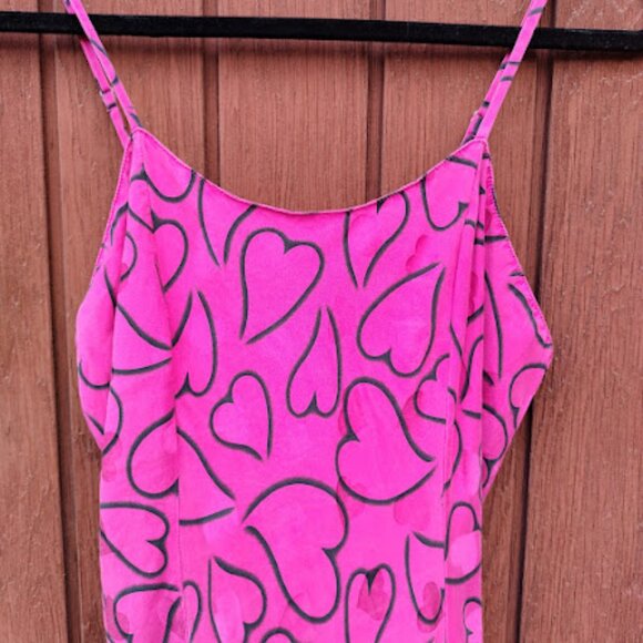 LAURA LEIGH | Silk Y2k Hot Pink Heart Print Spaghetti Strap Slip Slit Dress M - Picture 3 of 14